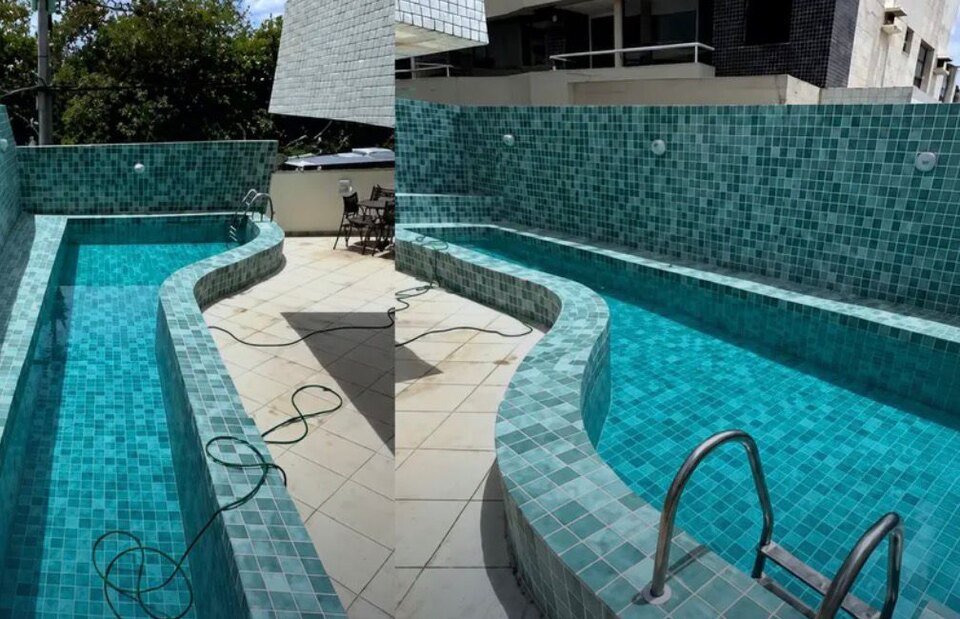 Piscina residencial em Armação após reforma e impermeabilização.